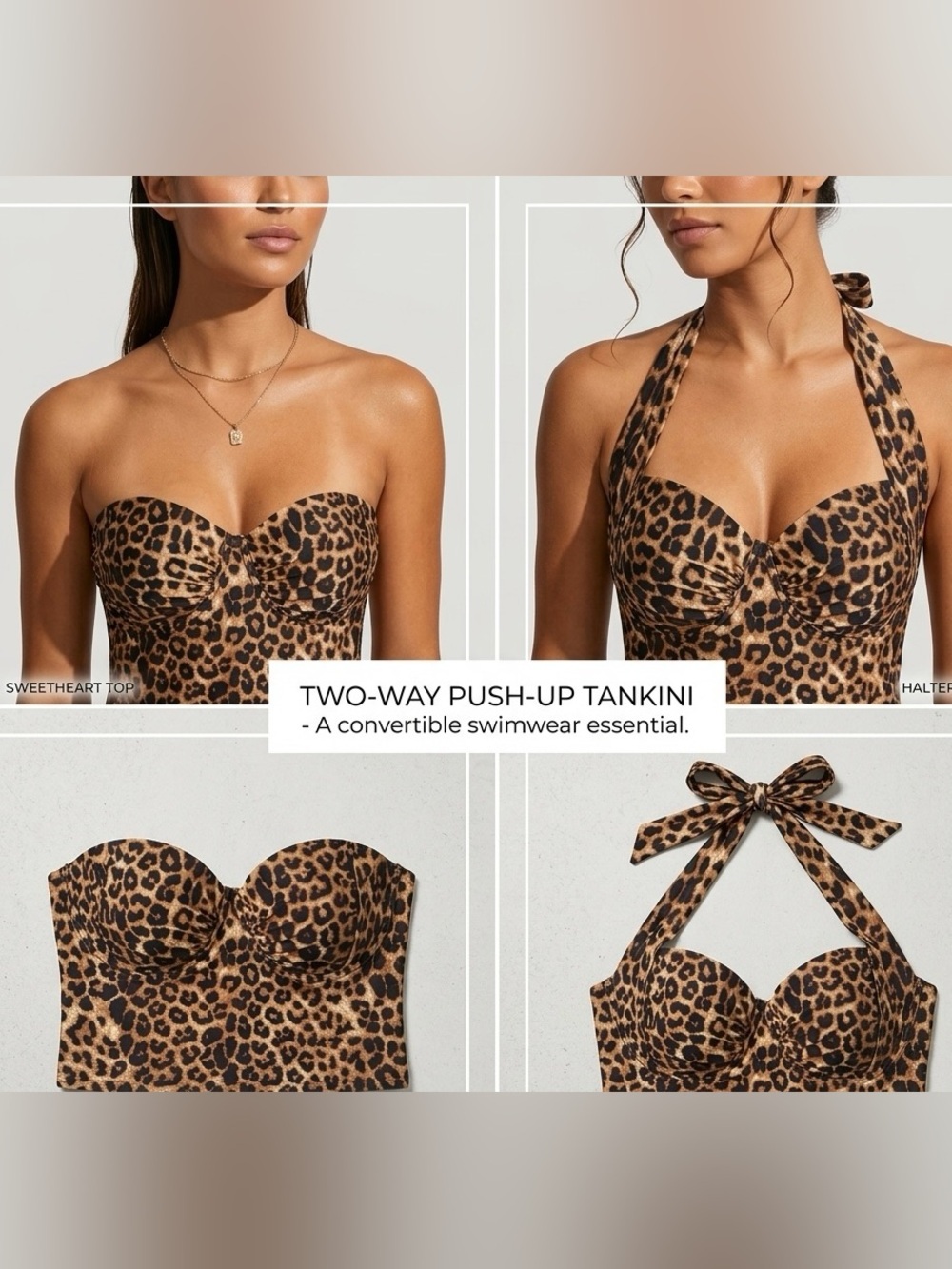 Leopard Print 2-Way Strapless/Halter Swim Push Up Bustier Top